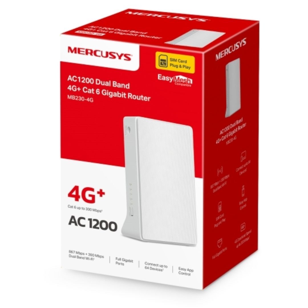 TP-Link Mercusys MB230-4G Ac1200 Wi-Fi 4G Lte Router, Build-In 150Mbps 4G Lte Modem, 300 MBPS At 2.4 GHz, 867 MBPS At 5 GHz, 4G Cat4 150/50 Mbps,Nano Sim Car