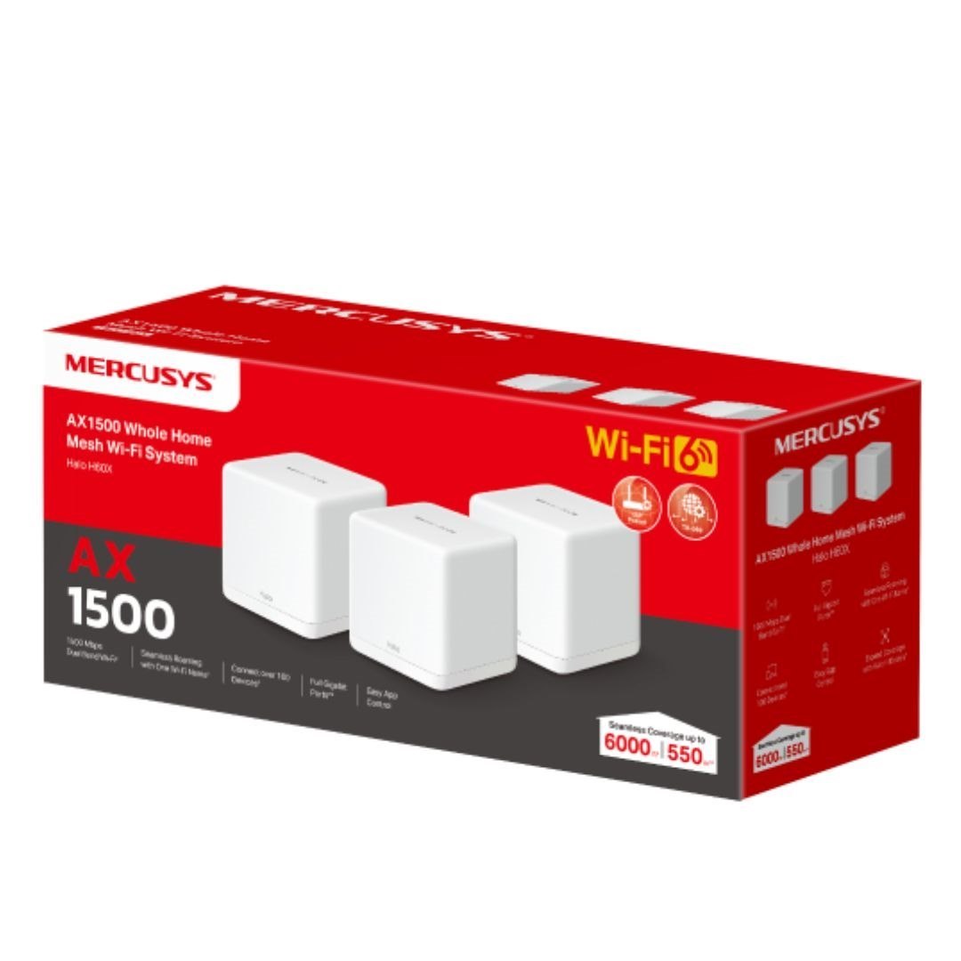 TP-Link Mercusys Halo H60X(3-pack) Ax1500 Whole Home Mesh Wi-Fi 6 System, 300 MBPS At 2.4 GHz + 1201 MBPS At 5 GHz, QoS, Iptv, IPv6, Mu-Mimo, Beamforming, Sma