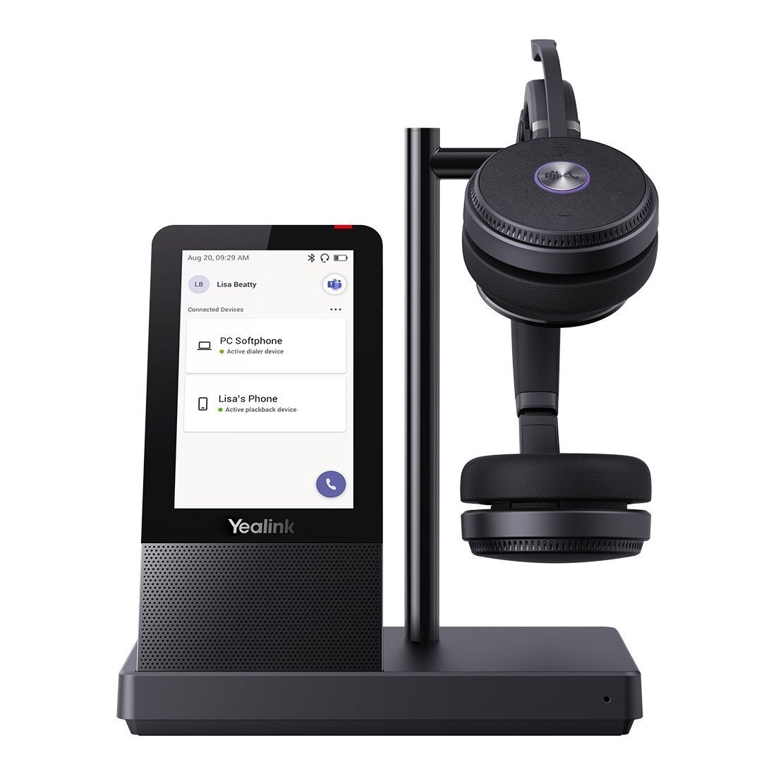 Yealink (WH66 Dual Teams) Microsoft Certified Teams Premier Dect Wireless Headset, Dual, 4-Inch Dect Base Touch Screen, Power Adapter, Busylight & Leather Ear C