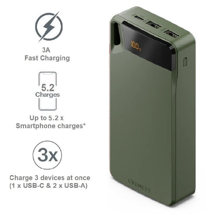 Cygnett ChargeUp Boost 4TH Gen 20K mAh Power Bank- Green(CY4750PBCHE)Triple Port(Dual Usb-A 15W+1xUSB-C 15W),15cm Usb-C Cable,15W Max,2 Years Warranty