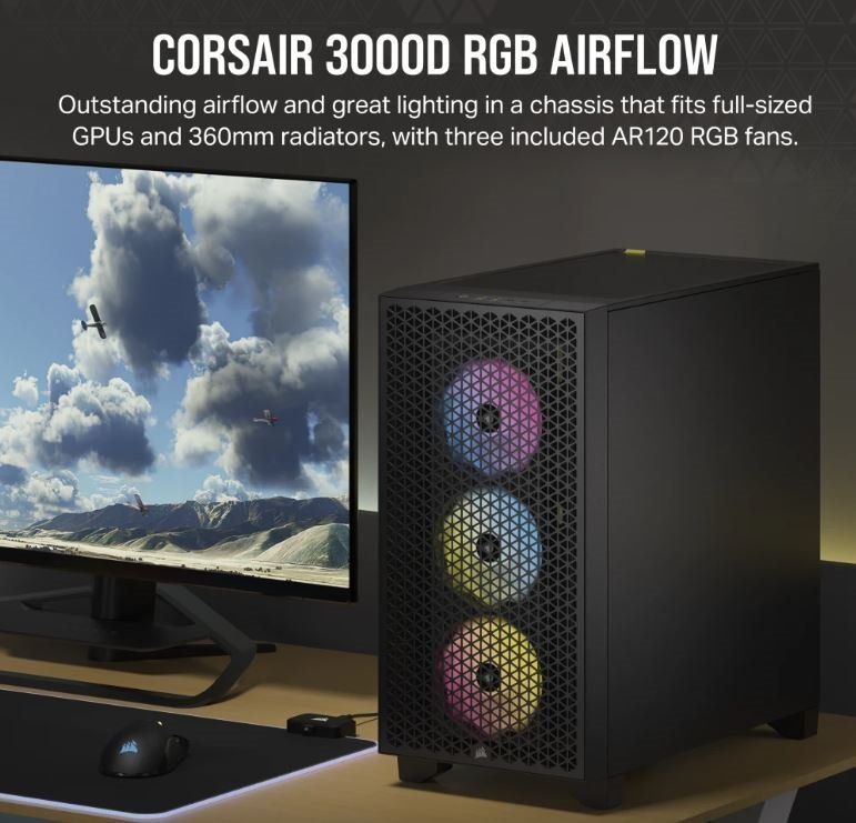 Corsair Carbide Series 3000D RGB Solid Steel Front Atx Tempered Glass Black, 3X Ar120 RGB Fans & Adapter Pre-Installed. Usb 3.0 X 2, Audio Case (LS)
