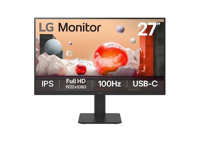 LG 27' Ips Full HD Monitor With Usb-C, 1920X1080, 100Hz, 5MS, 65W PD, Ips, 3-Side Borderless, Tilt/Height Stand