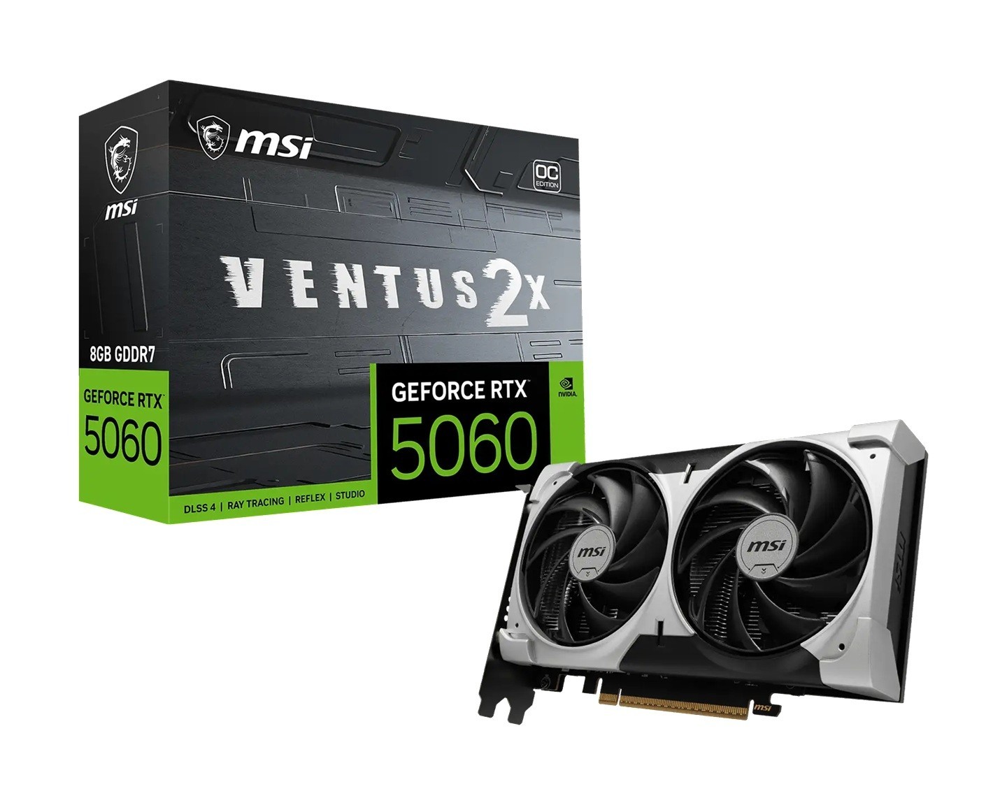 Msi nVidia GeForce RTX™ 5060 8G Ventus 2X Oc V1, GDDR7, 128-Bit, 2527 MHz Boost, PCIe 5.0 X16, 3840 Cuda Cores, 145W, DP X3, Hdmi X1, 8K, G-SYNC Y