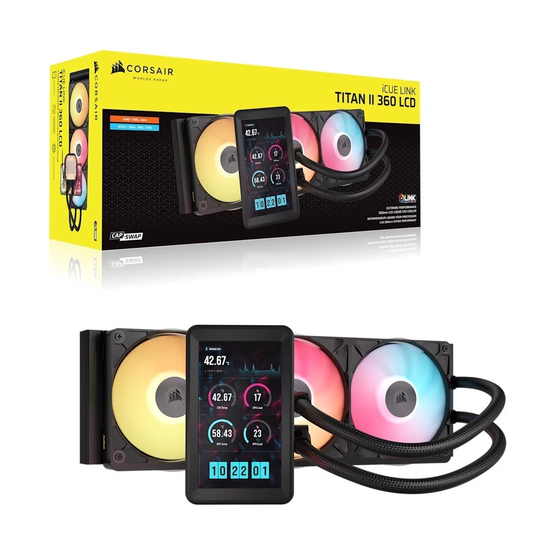 Corsair Icue Link Titan Ii 360 RX LCD Aio Liquid Cpu Cooler - Black, 5' LCD, 360MM Radr, FlowDrive 2 Pump, RGB Fans, Am5/Am4 And Lga 1851/1700 Supporp