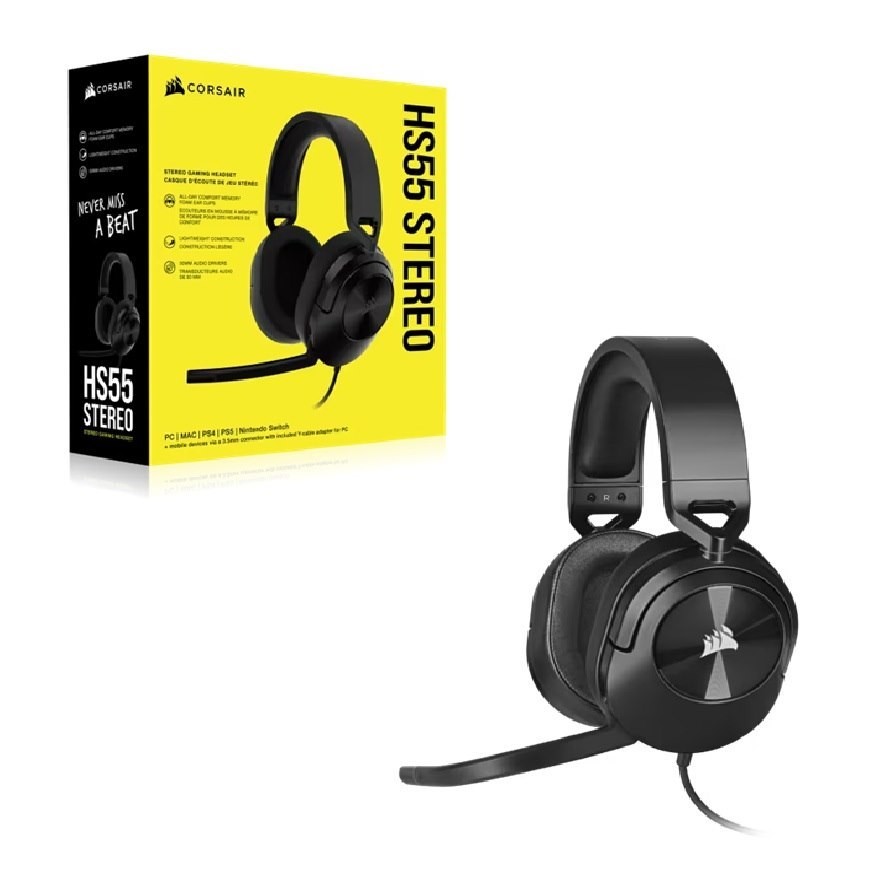 Corsair HS55 Carbon Stereo Gaming Headset, PS5 3D Audio, Box X, Switch, Discord Certified, Ultra Comfort Foam, Usb