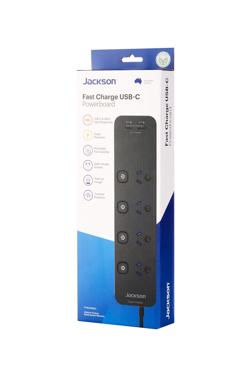Jackson | Pt1814usb3c | 4 Way Individually Switched Power Board W/ 2 X Usb A & 2 X Usb C Charging Outlets | 1M Lead | Black