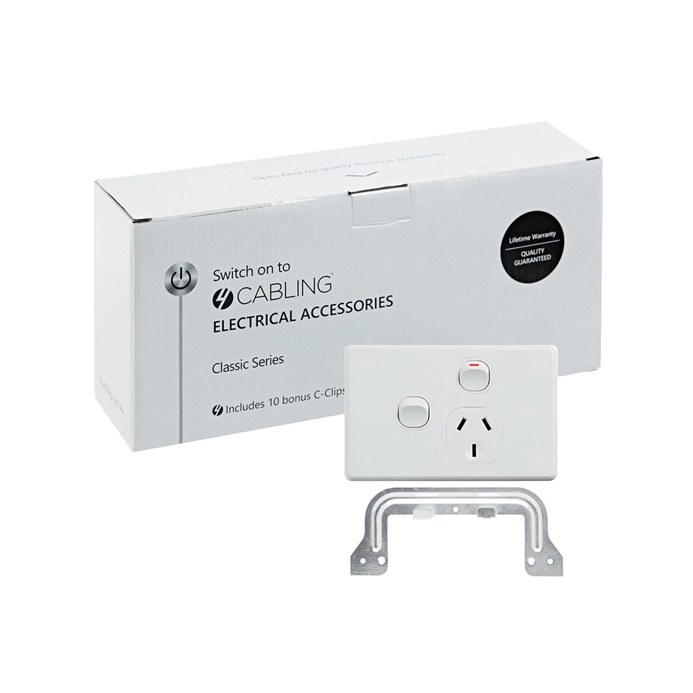 4Cabling 4C | Classic Single Power Point 250V 10A With 16Ax Extra Switch - Horizontal - 10 Pack With 10 Free C-Clips