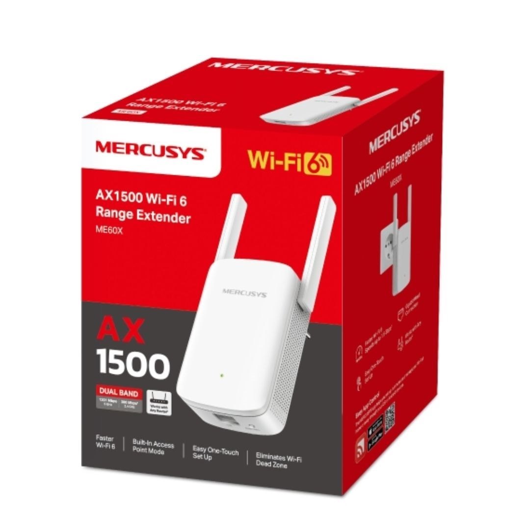 TP-Link Mercusys Me60x Ax1500 Wi-Fi 6 Range Extender, Dual Band Speeds Up To 1500Mbps, 300Mbps@2.4 GHz, 1201Mbps@ 5 GHz