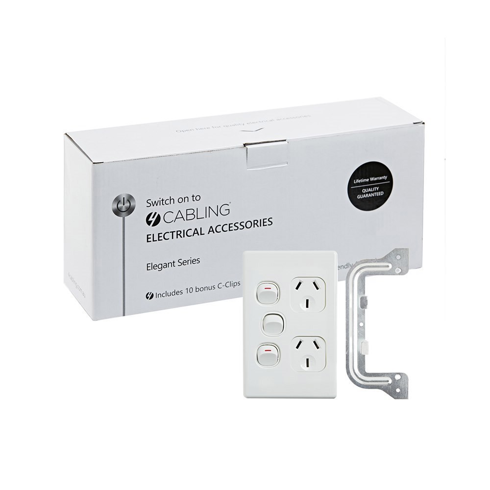4Cabling 4C | Elegant Double Power Point 250V 10A With Extra Switch | Vertical | 10 Pack With 10 Free C-Clips