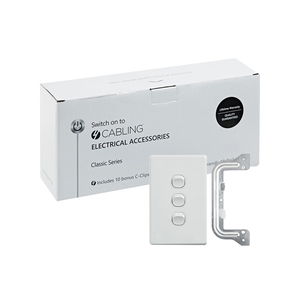 4Cabling 4C | Classic 3 Gang Switch 250V 16Ax - Vertical - 10 Pack With 10 Free C-Clips
