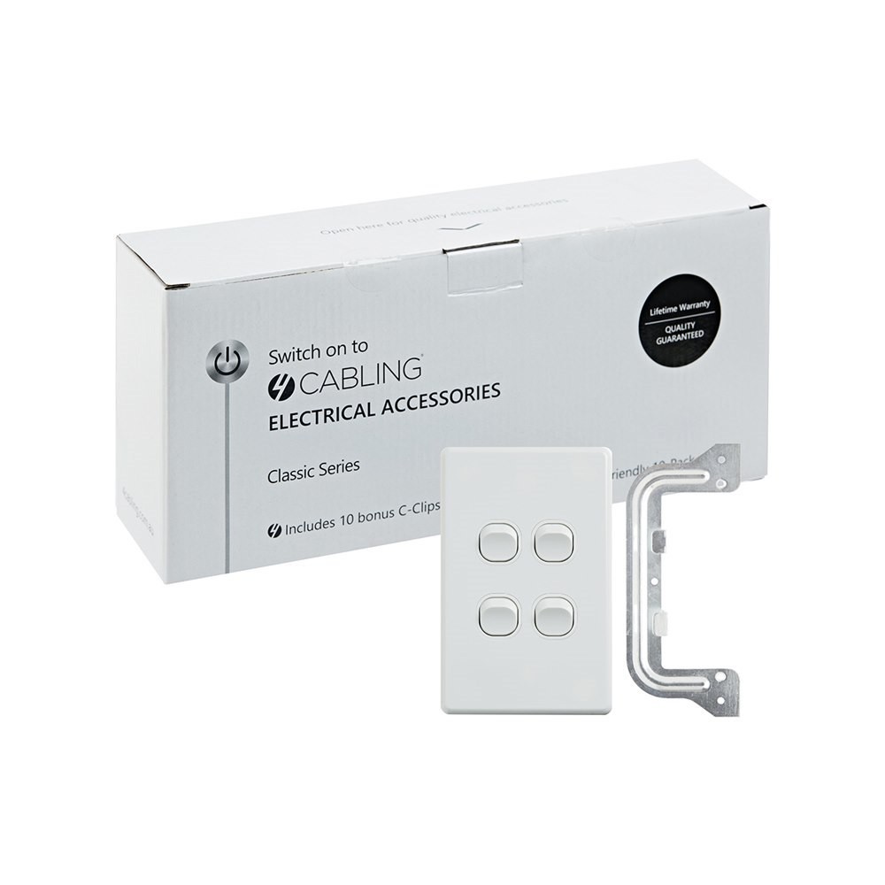 4Cabling 4C | Classic 4 Gang Switch 250V 16Ax - Vertical - 10 Pack With 10 Free C-Clips
