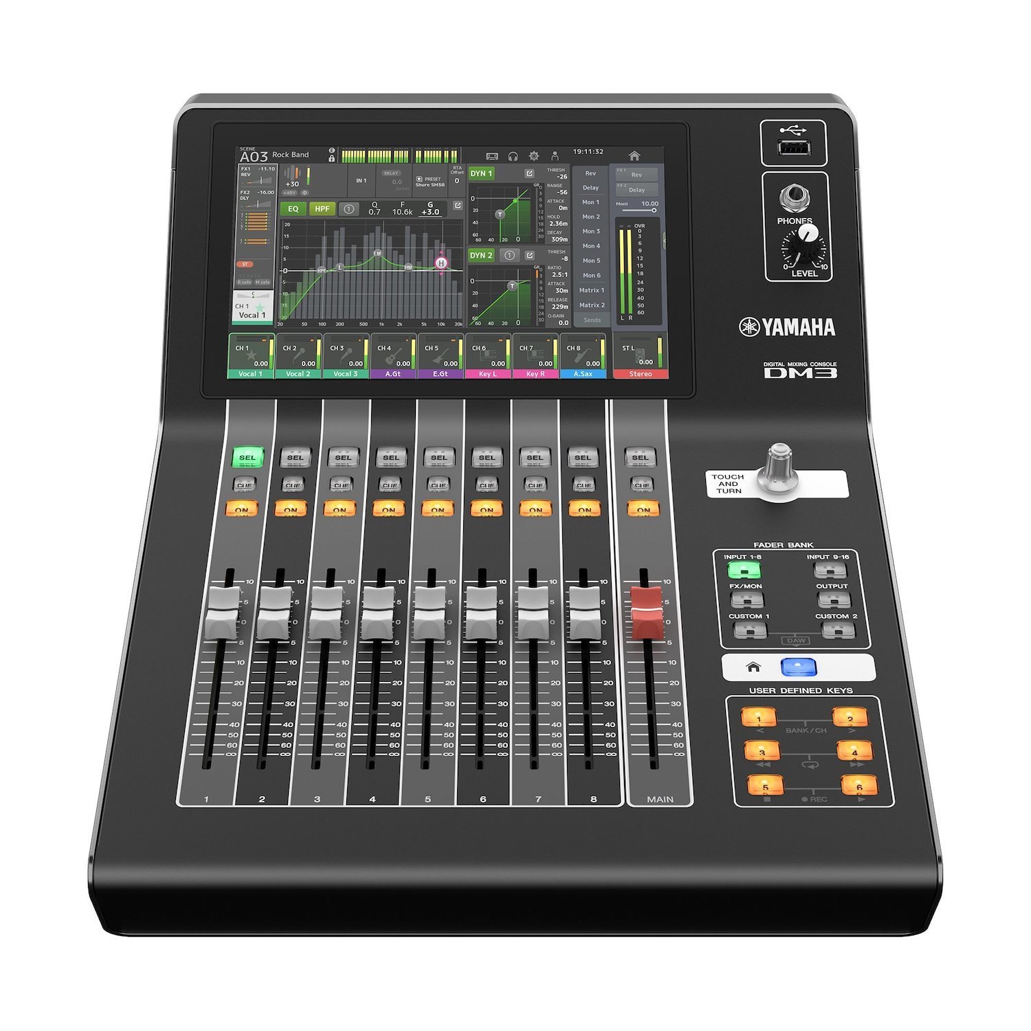 Yamaha DM3 16 Mono Channels,1 Stereo Channel,12 XLR/TRS Phones Combo Inputs,8XLR Outputs,8+1 Faders