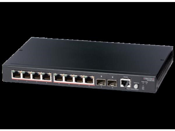 Edgecore 8 Port Gigabit PoE+ Web Smart Pro Compact Switch. (2-Port Ge SFP & 8 RJ-45 Ports). Power Budget: 65W. 1X RJ45 Console Port. Fanless Design, External Power.