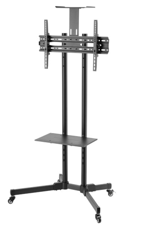 Brateck 32'-70' Economy TV Stand, Adjustable TV Height With Glass Shelf. Max Vesa: 600X400 (70"+) Min Vesa 200X200 (Fits Most 32"). Tilt: -15~+15. Max Weight: 50KG. Shelf Max Weight 6KG.