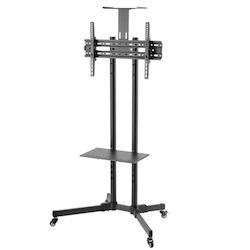 Brateck 32'-70' Economy TV Stand, Adjustable TV Height With Glass Shelf. Max Vesa: 600X400 (70"+) Min Vesa 200X200 (Fits Most 32"). Tilt: -15~+15. Max Weight: 50KG. Shelf Max Weight 6KG.