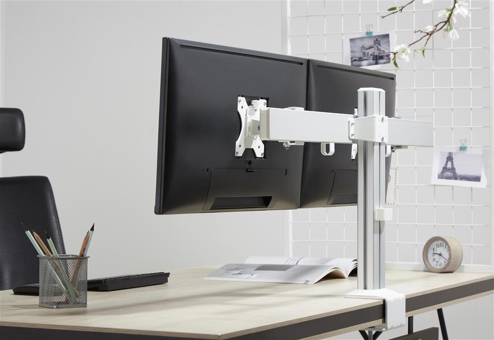 Brateck 17"-32" Dual Monitor Heavy Duty Desk Mount Arm. Max Load 8KGS Per Monitor. Rotate, Tilt And Swivel. Desk Clamp And Grommet Included. Vesa 100X100,75X75 Colour Gray