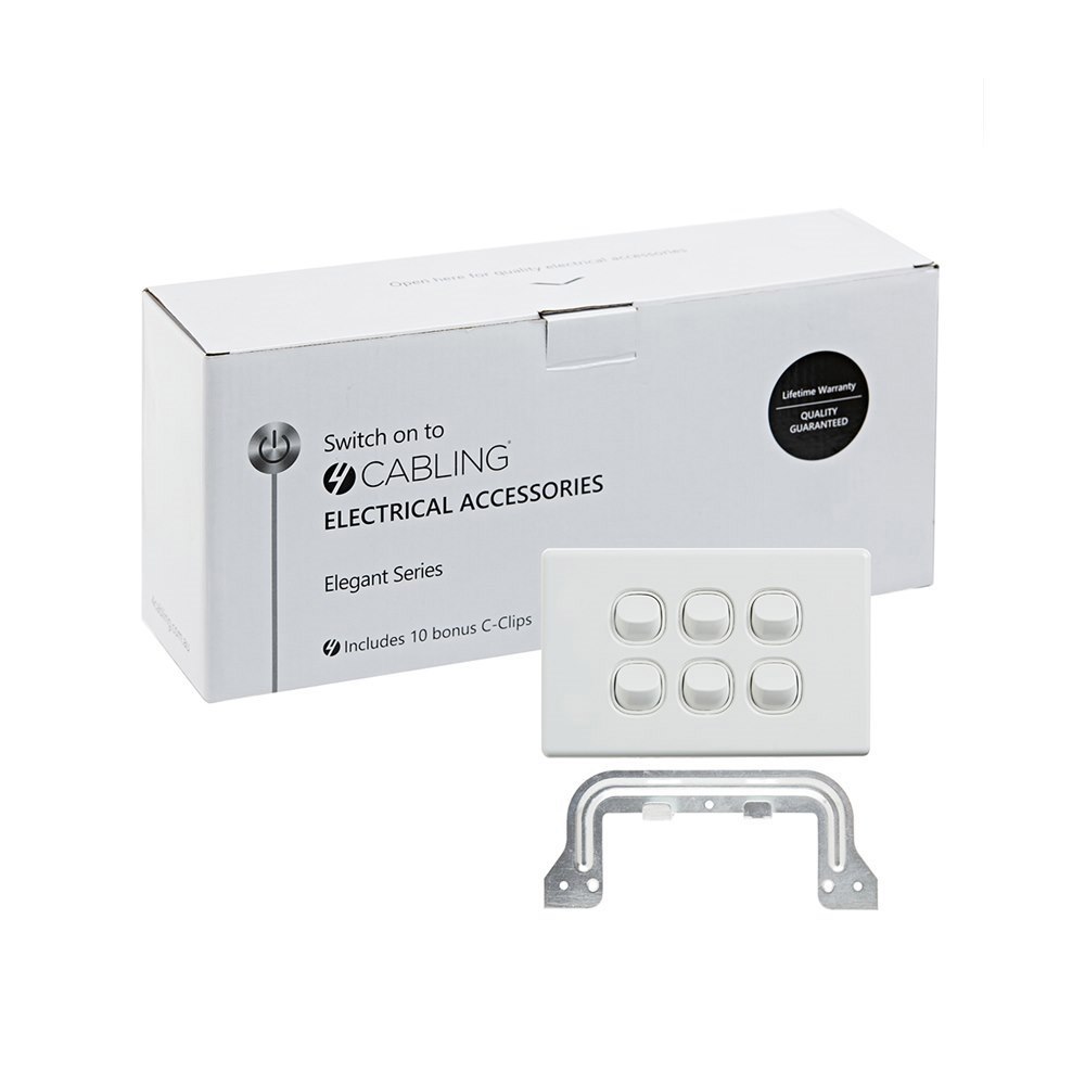 4Cabling 4C | Elegant Wall Switch 6 Gang 250V 16A - Horizontal - 10 Pack With 10 Free C-Clips