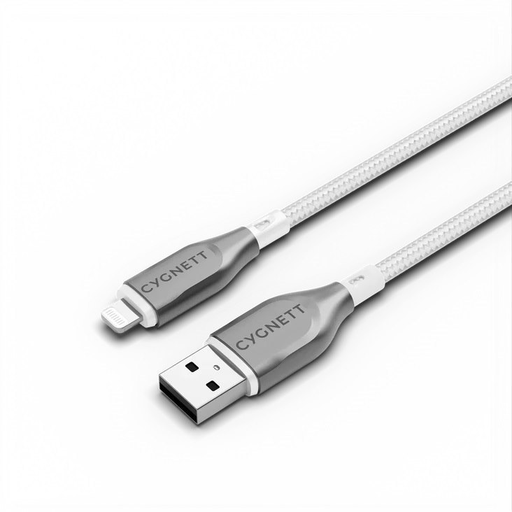 Cygnett Armoured Lightning To Usb-A (2.0) 1M Cable-White(CY4659PCCAL),2.4A/12W,Braided,480Mbps Transfer,Turbo Charge iPhone/iPad,MFi, 5Years Warranty