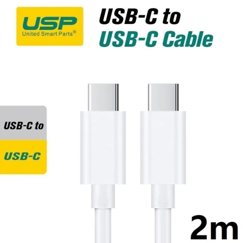 Usp Usb-C To Usb-C Mini Cable (2M) - White, 3A (60W), Fast Charge, High Performance, Durable, 8K Bend, Samsung Galaxy,Apple iPhone,iPad,MacBook,Google