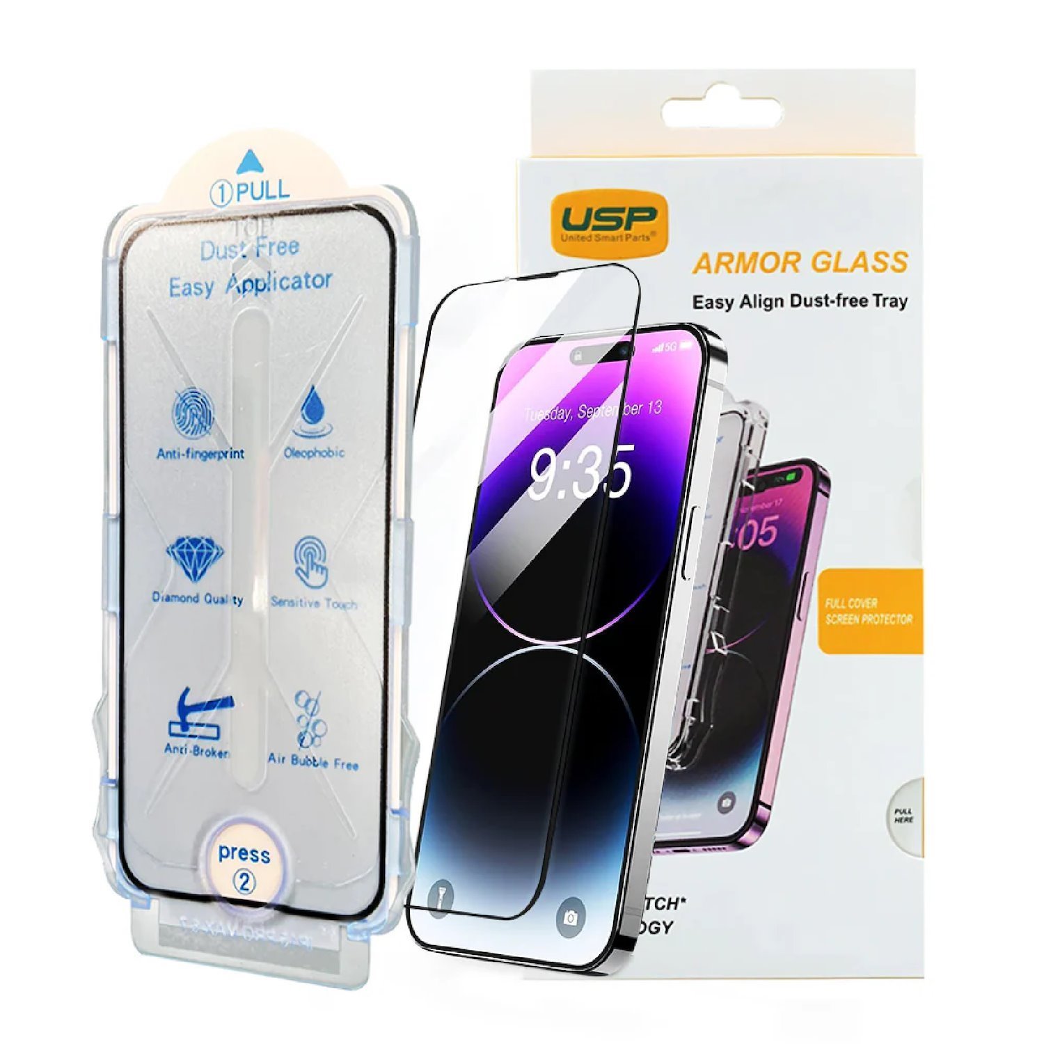 Usp Apple iPhone 16 / iPhone 15 (6.1') Tempered Glass Screen Protector : Full Coverage, Easy Align Dust-Free Tray, 9H Hardness, Bubble-Free