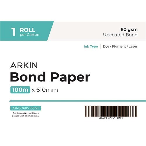Arkin Bond Paper 80GSM - 610MM X 100M 1 Roll/Ctn - Available Jan2025