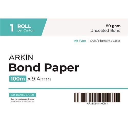 Arkin Bond Paper 80GSM - 914MM X 100M 1 Roll/Ctn - Available Jan2025
