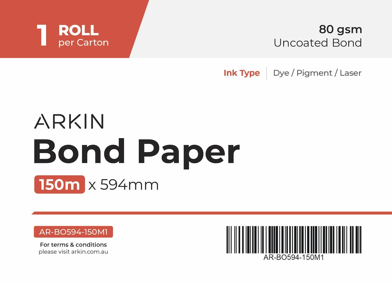 Arkin Bond Paper 80GSM - 594MM X 150M 1 Roll/Ctn