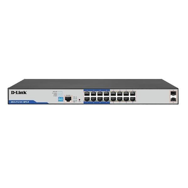 D-Link DGS-F1210, 18-Port Gigabit Smart Managed PoE+ Switch With 16 PoE RJ45 And 2 SFP Ports