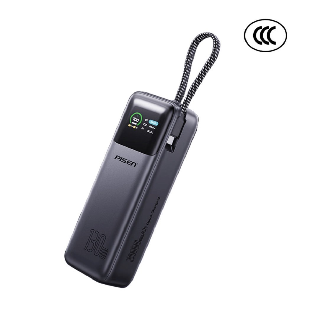 Pisen Bolt 20K mAh Laptop Power Bank + Usb-C Cable - Grey, 130W, Smart Led Display, Fast Charging, Charge 3 Devices Simultaneously