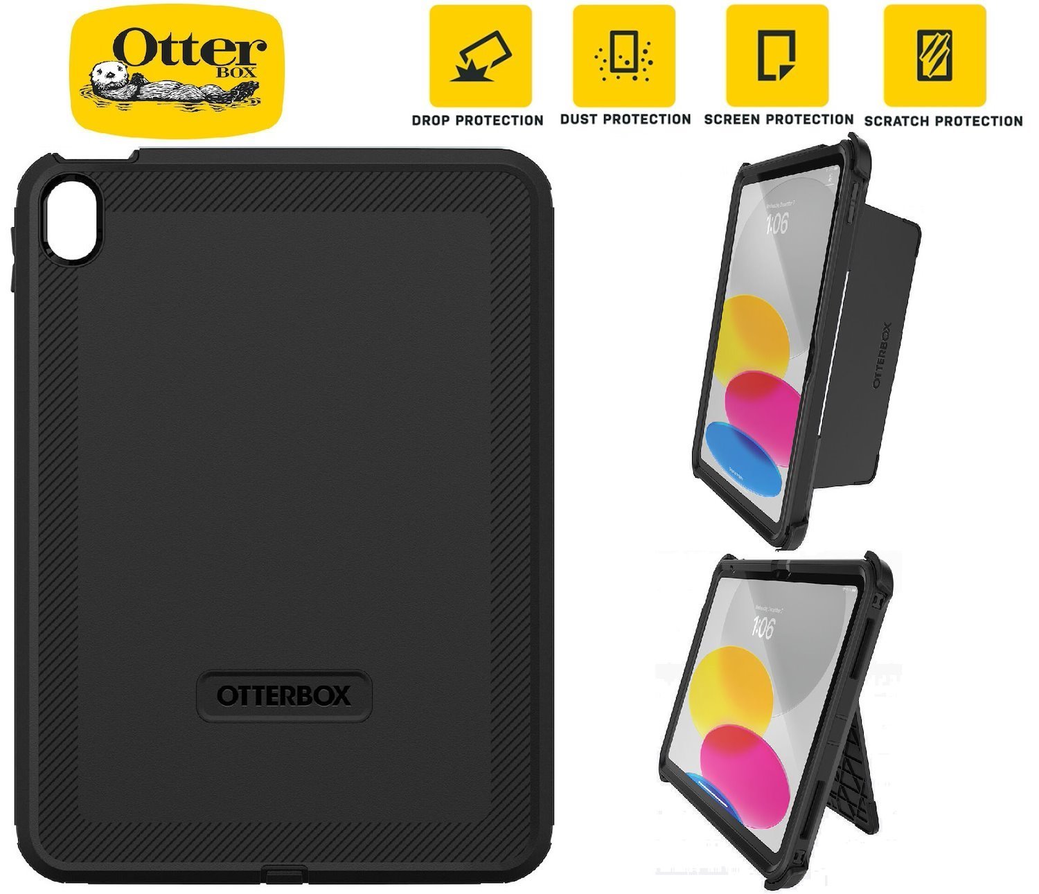 OtterBox Apple iPad (10.9-Inch) (10TH Gen) Defender Series Case Pro Pack - Black (77-89955), 2X Military Standard Drop Protection, Port Protection