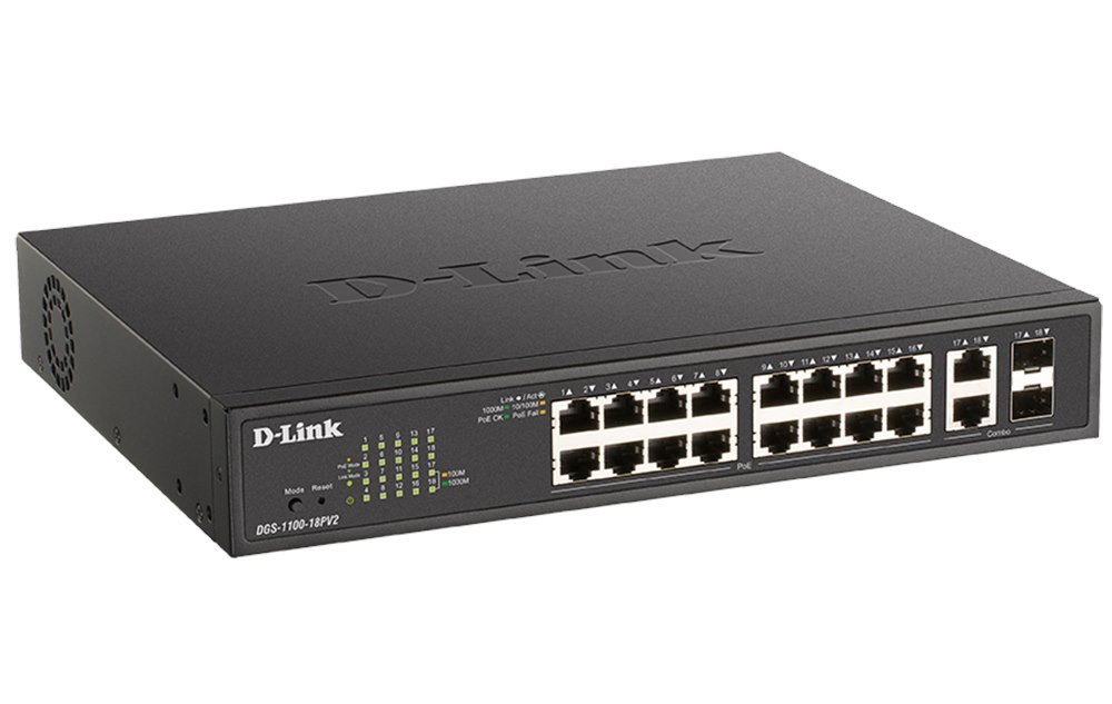 D-Link | DGS-1100-18PV2 | 18 Port Gigabit Smart Managed PoE Switch With 16 PoE And 2 Combo RJ45/SFP Ports (130W PoE Budget)