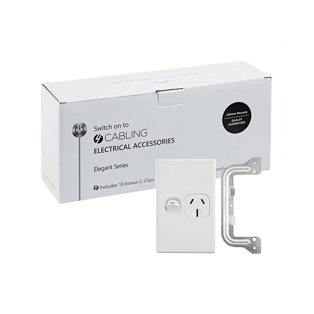 4Cabling 4C | Elegant Single Power Point 250V 15A | Vertical | 10 Pack With 10 Free C-Clips