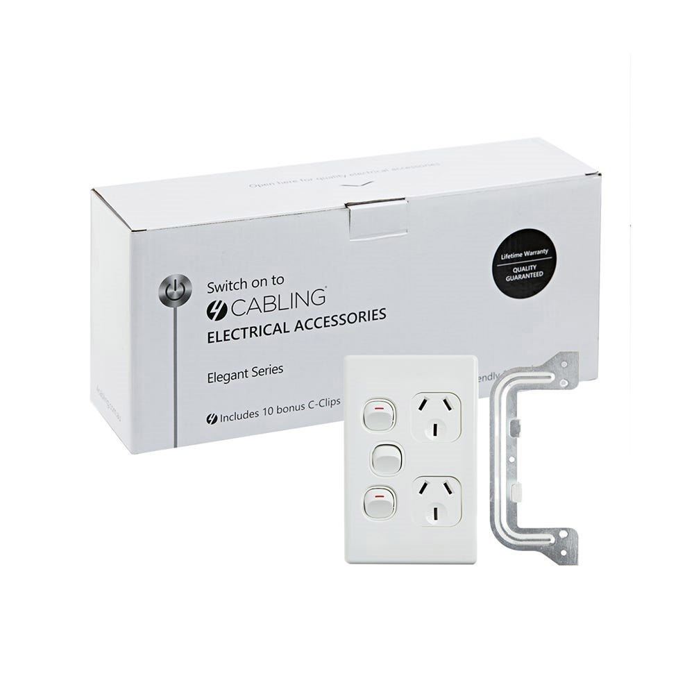 4Cabling 4C | Elegant Double Power Point 250V 10A With Extra Switch | Vertical | 10 Pack With 10 Free C-Clips