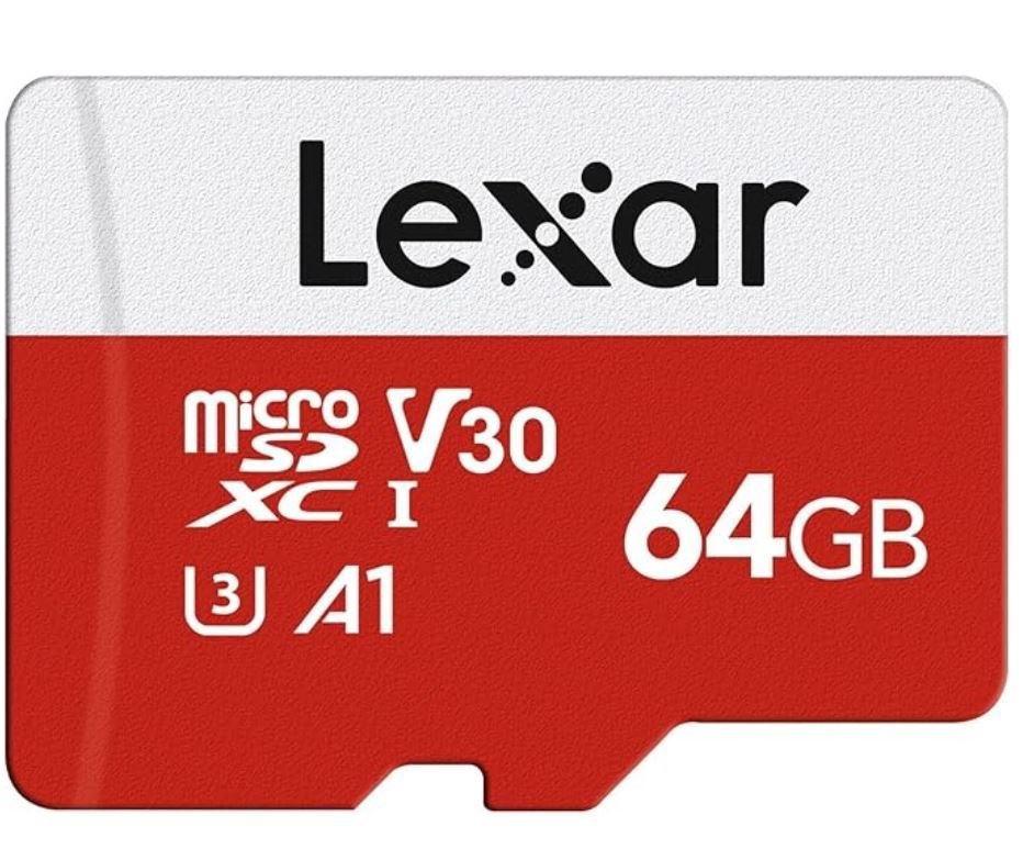 Lexar E-Series 64GB Micro SD Card, microSDXC UHS-I Flash Memory Card with Adapter, 100MB/s, C10, U3, A1, V30, Full HD, 4K UHD, High Speed TF Card 