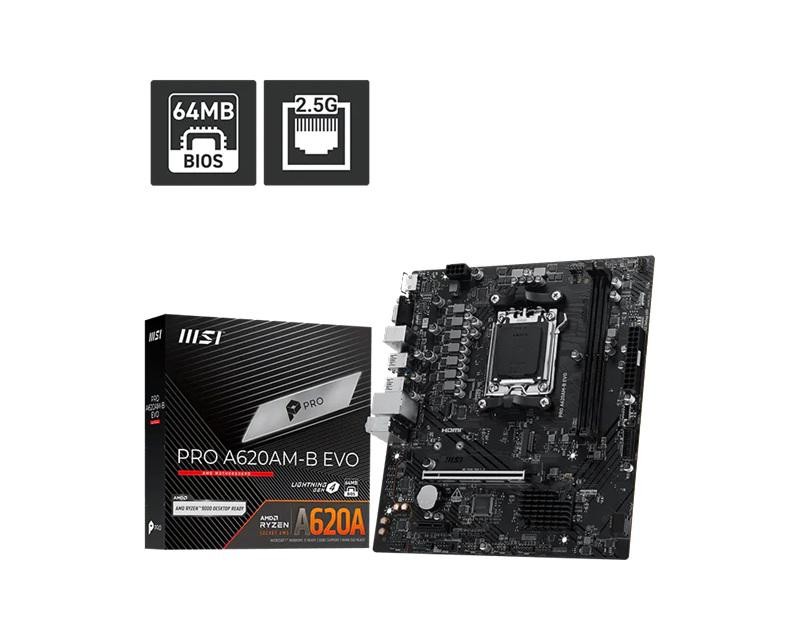 Msi Pro A620am-B Evo Atx Motherboard, Am5, Amd A620a, 2xDDR5 128GB, PCIe4.0 X16, 1xM.2, 2xSATA, Hdmi/Vga, 2.5G Lan, Atx