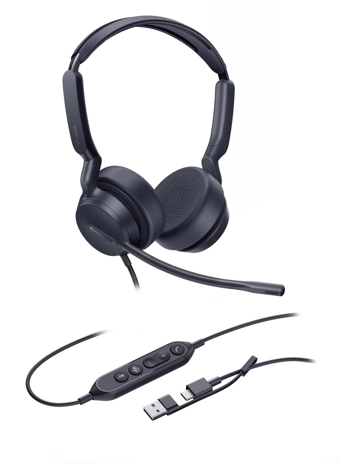 Yealink Uh42 Dual Teams Usb-C/A Microsoft Certified Teams Usb Wired Headset, Noise-Canceling Microphone, Leather Ear Cushions Controller Teams Button