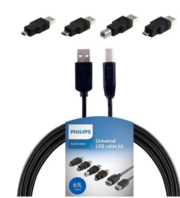 Philips 6' USB 2.0 Universal Kit with USB-C - Black: Male to Female Connection Cable