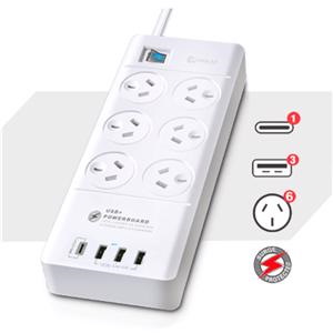 Sansai 6 Way Surge Powerboard With 3X Usb, 1X Usb-C Charging Ports