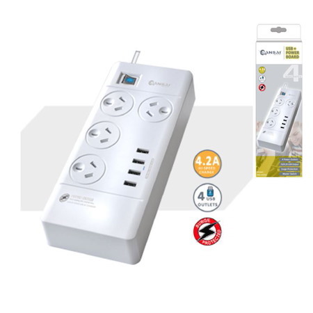 Generic Sansai 4 Outlets & 4 Usb Outlets Surge Protected Powerboard Master On/Off Switch 1M Lead & Right Angle Plug 230-240Vac Iv Retail Box