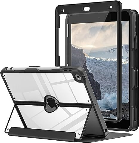 MoKo Case for iPad 9th Generation with Pencil Holder, iPad 8th/7th Gen Case 10.2-inch, Built-in Screen Protector Clear Back, Stain Resistant Multi Angle Viewing Stand, Auto Wake/Sleep, Black
