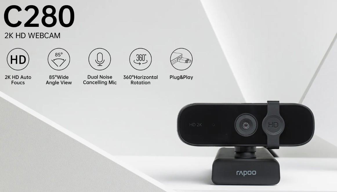 Rapoo C280 2K Webcam - Wide Angle Lens, Noise Canceling Mic, Plug & Play, Teams, Google Meet, Zoom, Does Not Support Windows Hello