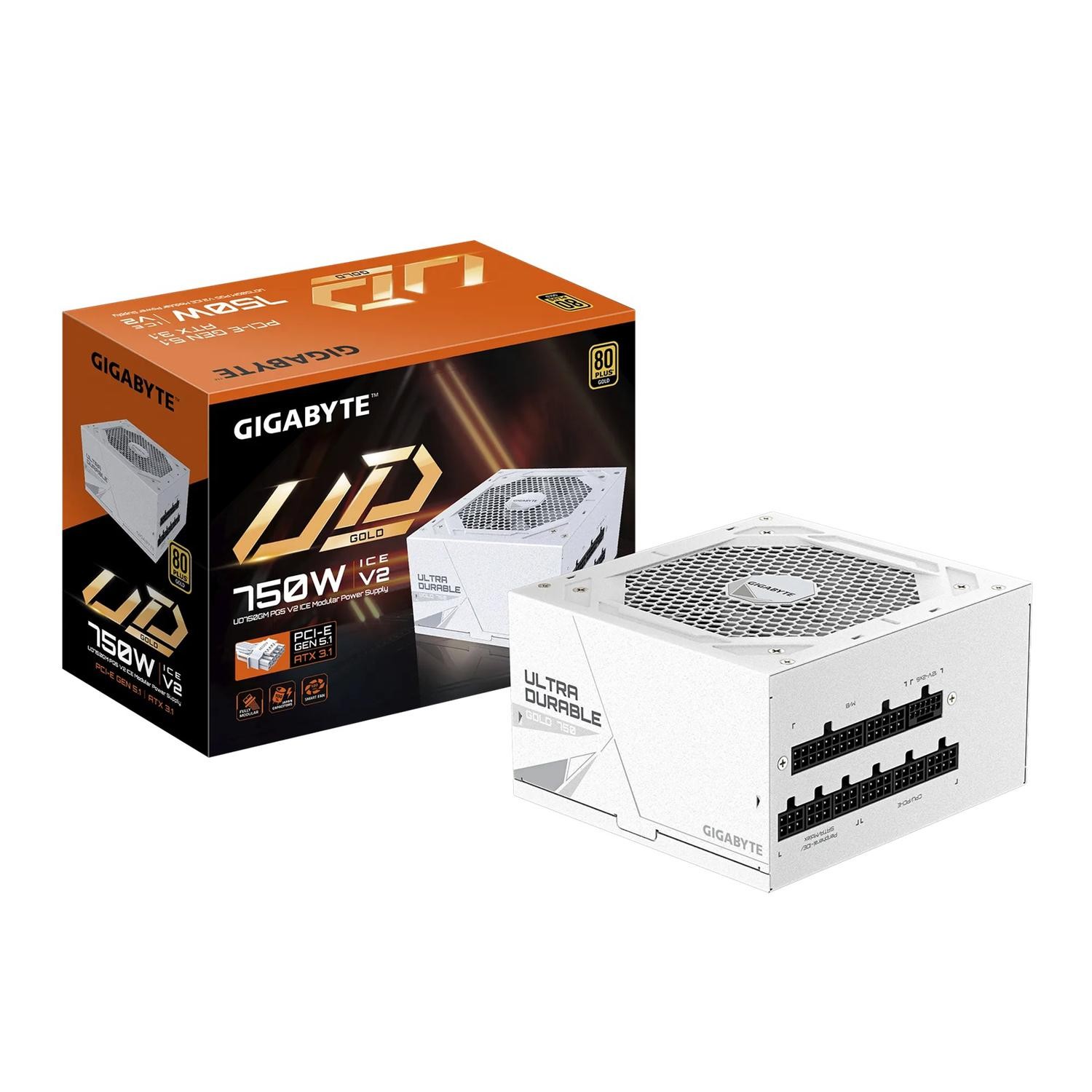 Gigabyte (LS) Gigabyte Ud750gm Ice PG5 750W Atx Psu Power Supply 80+ Gold >90% Black Flat Cables Single +12V Rail Japanese >100K HRS (New)