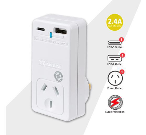 Generic Sansai Usb C + A 2xUSB Charging Outlets Power Adaptor 240V 10A Power Status Indicator Wall Charger