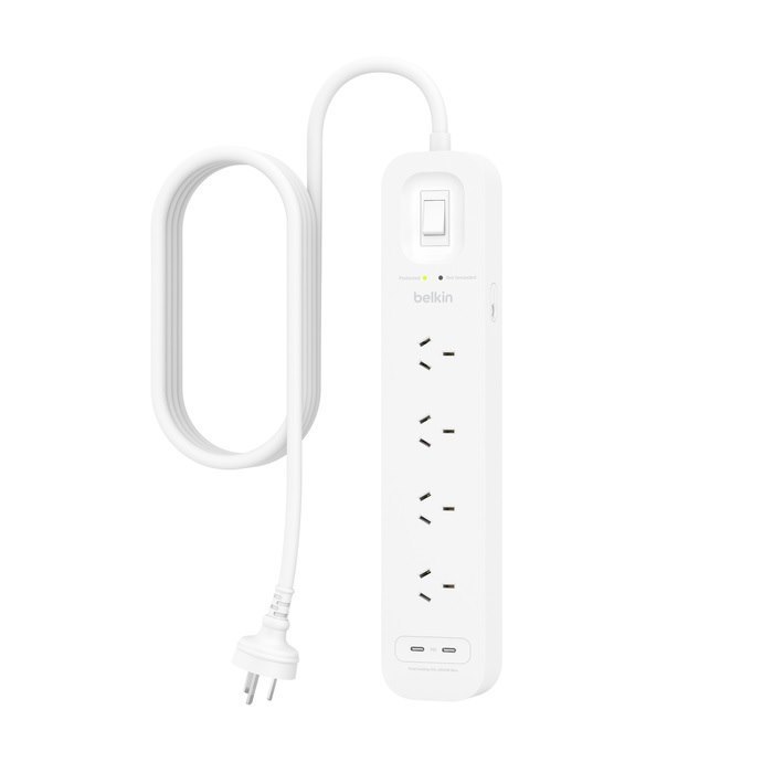 Belkin SurgePro 4-Outlet Surge Protector With Dual Usb-C 30W Ports - White (Srb005au2m), 2M Power Cord, Cew $40,000, 2 Years Warranty