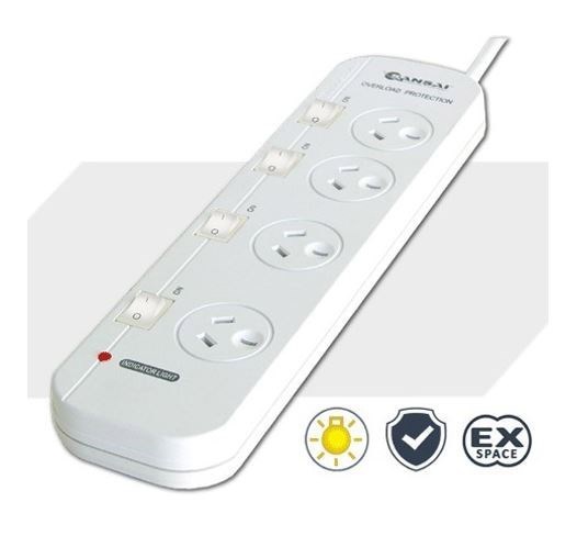 Generic Sansai 4 Way Powerboard 4 Outlet 10A 240V Individually Switched 2 Extra Spaced Sockets 1M Length