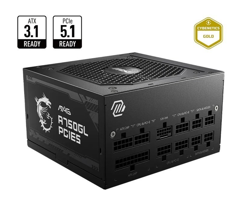 Msi Mag A750gl Pcie5 Ii Bulk – 750W Atx 3.1, 80+ Gold, Full Modular, PCIe 5.0 16-Pin, 3X PCIe 6+2, 8X Sata, FDB Fan, Ocp/Ovp/Opp/Otp/Scp/Uvp, 120MM