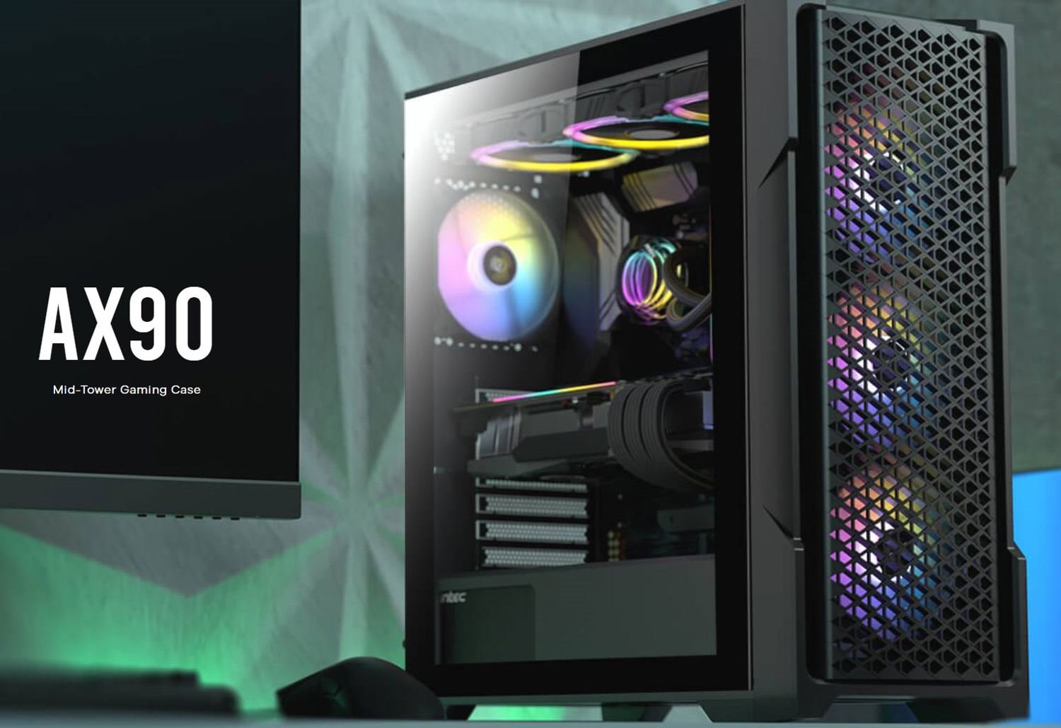 Antec Ax90 Atx, 2X 360MM Radiator Support, 3X 120MM Argb Fans Front 1X Argb Fans Rear Included. Mesh Tempered Glass Gaming Case