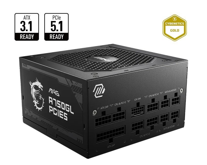 Msi Mag A750gl Pcie5 Ii Bulk – 750W Atx 3.1, 80+ Gold, Full Modular, PCIe 5.0 16-Pin, 3X PCIe 6+2, 8X Sata, FDB Fan, Ocp/Ovp/Opp/Otp/Scp/Uvp, 120MM