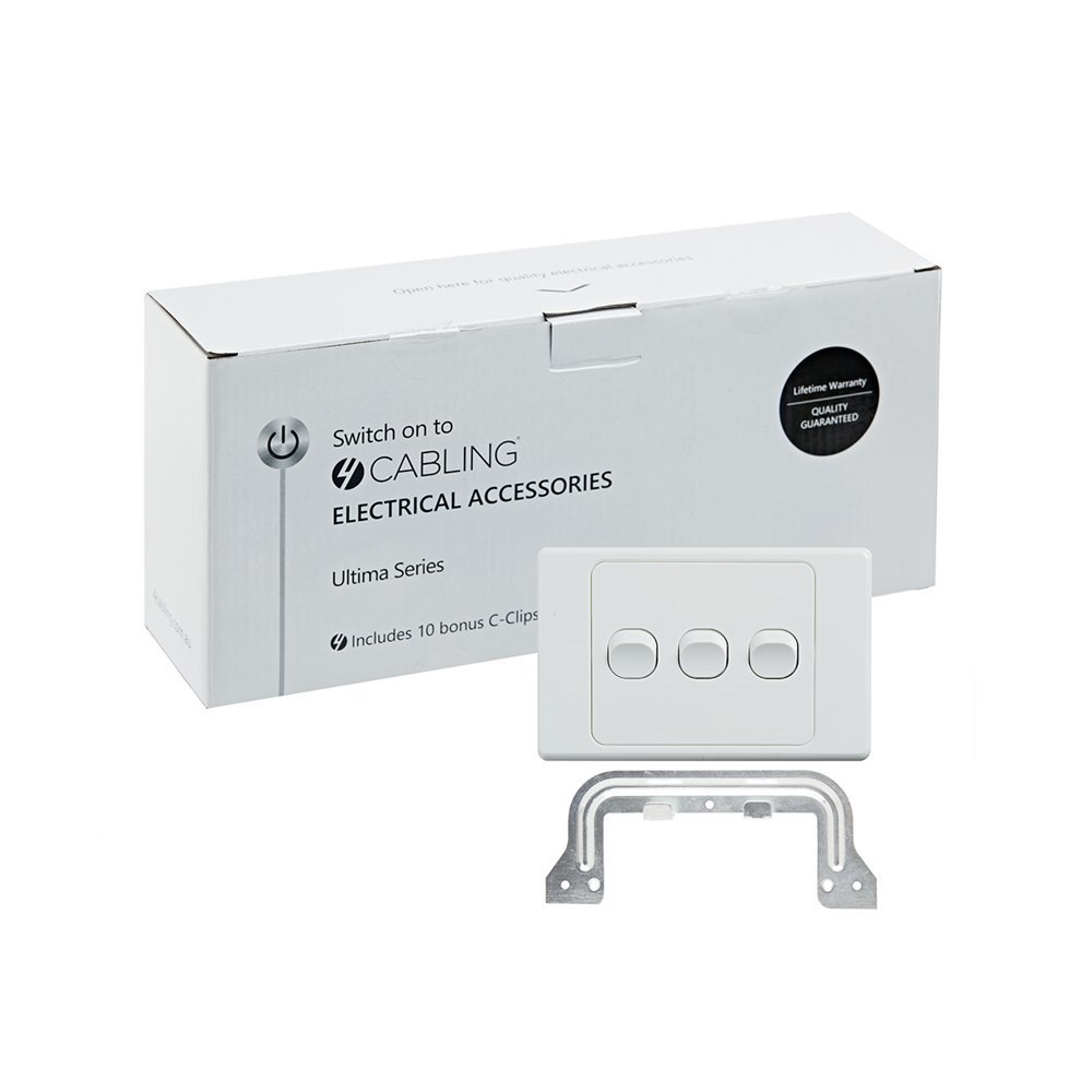 4Cabling 4C | Ultima 3 Gang Switch 250V 16Ax - Horizontal - 10 Pack With 10 Free C-Clips