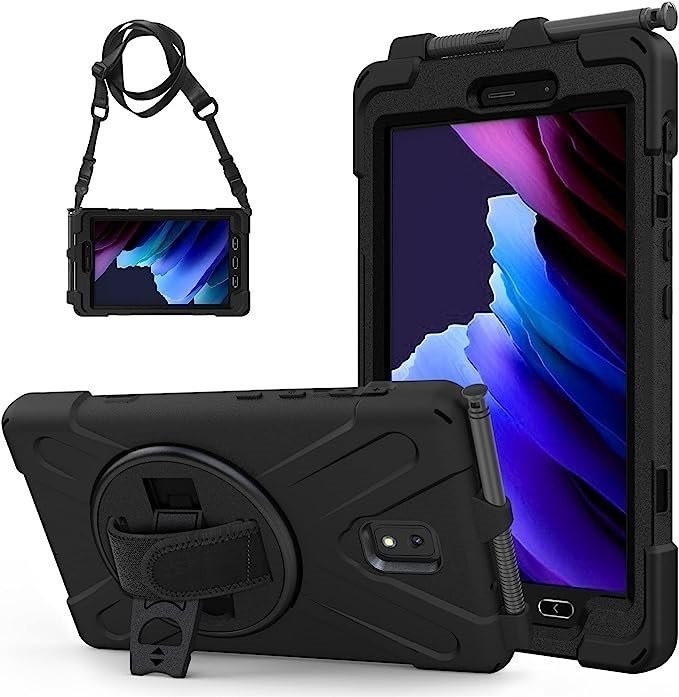 Usp Rugged Samsung Galaxy Tab Active5 / Tab Active3 (8') Case Black - Built-in-Kickstand, Adjustable Hand Strap, Shoulder Strap, Pen Holder